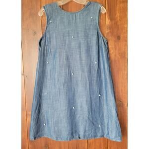 Blue Rain Chambray Pearl Studded Shift Dress L Crisscross Back Flutter Accent